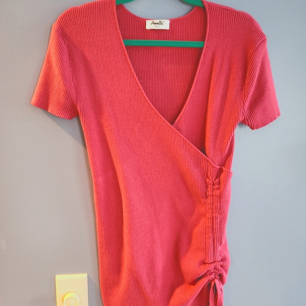 Amalli Talli Coral Pink Ribbed Wrap-Style Women's Blouse